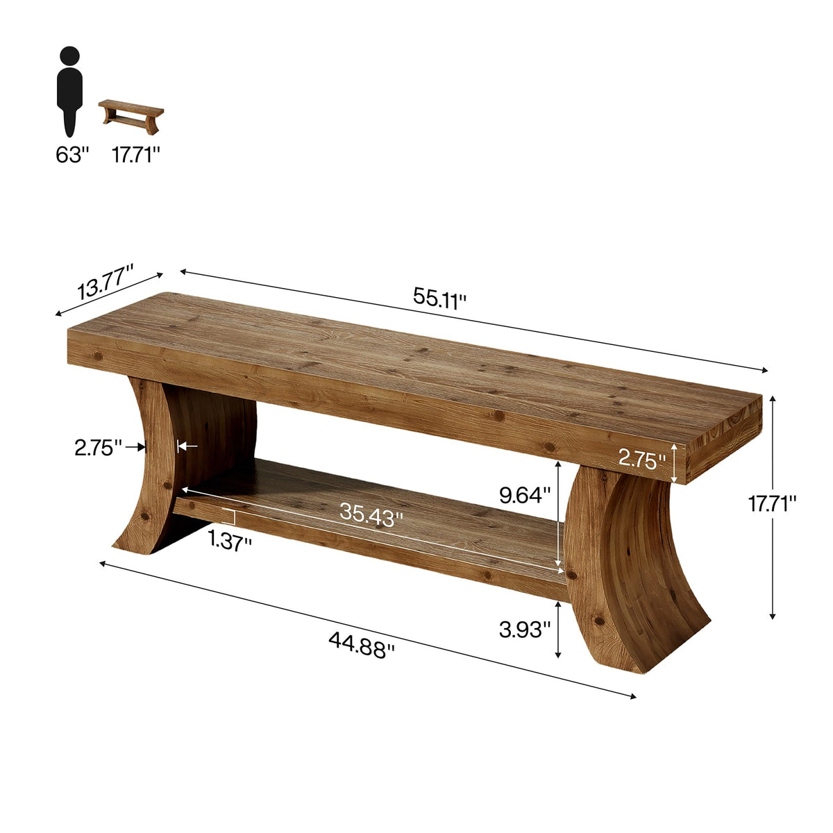55" Solid Wood Entryway Bench, Rustic Farmhouse Shoe Storage Bench with Thick Curved Legs, Indoor End of Bed Bench