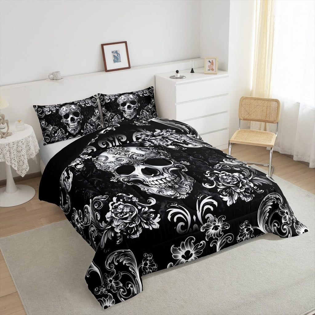 Gothic Skull Bed Comforter Set Queen Size, Halloween Flower Skeleton Super Soft Microfiber Bedding Set for Adults
