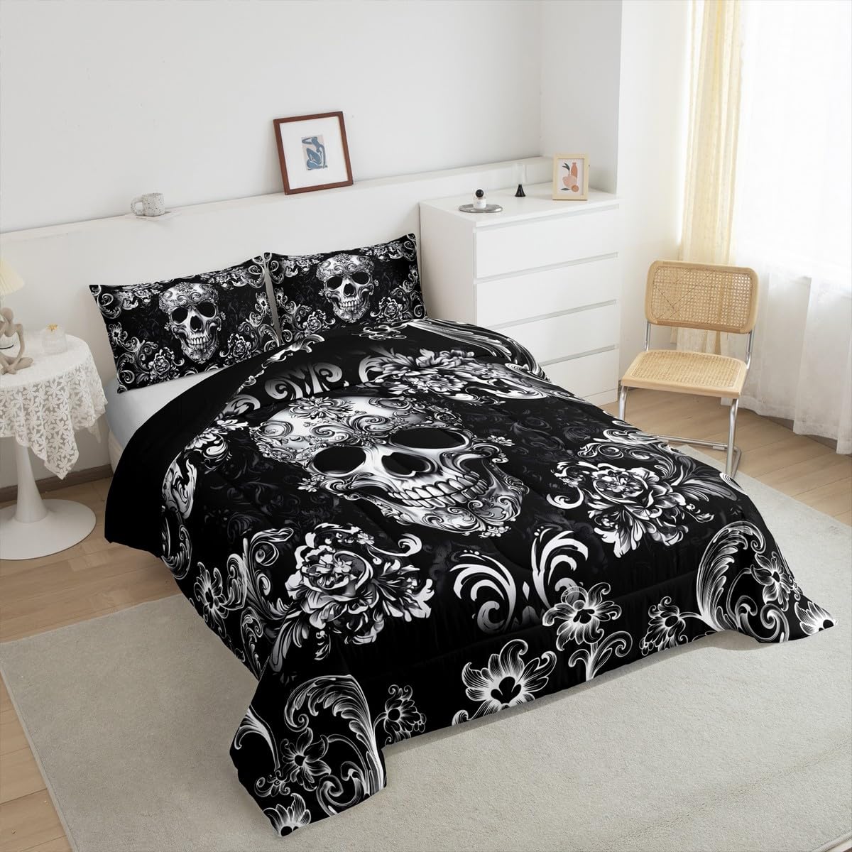 Gothic Skull Bed Comforter Set Queen Size, Halloween Flower Skeleton Super Soft Microfiber Bedding Set for Adults