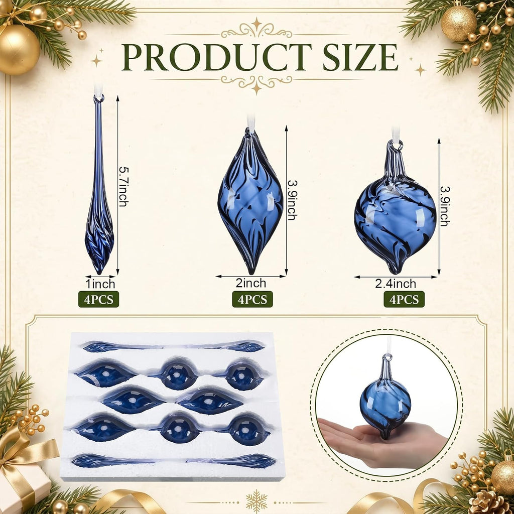 12 Pcs Blue Glass Christmas Ornaments Hand Blown Tree Ornaments