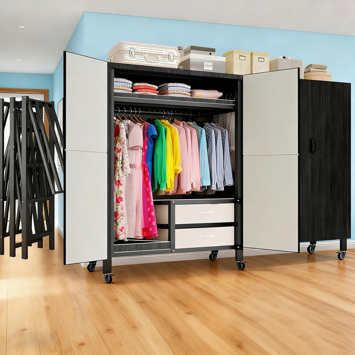Portable Closet with Drawers Heavy Duty with Cover, KT-Black L:70.9in/180cm