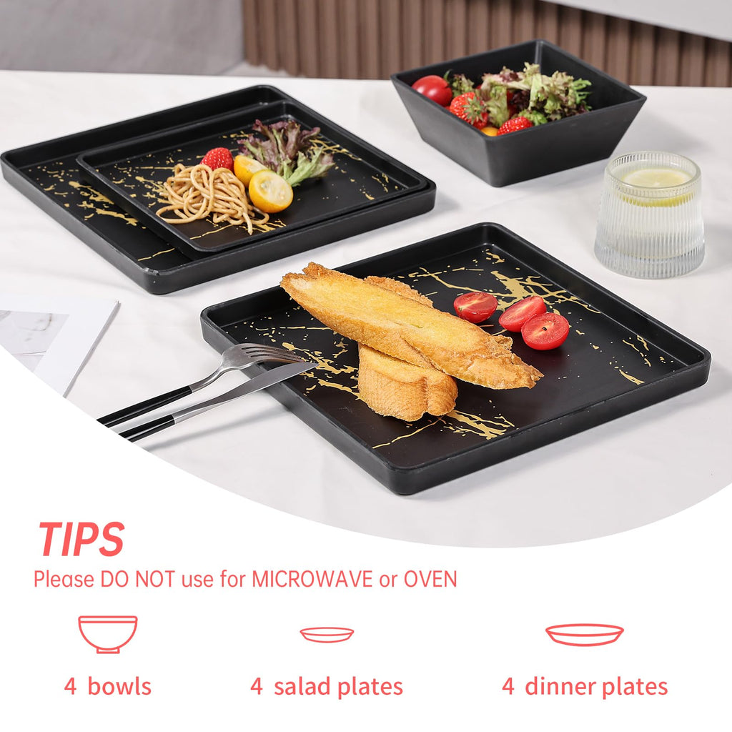 Melamine Dinnerware Sets - 12pcs Square Plates and Bowls Sets For 4, Indoor Outdoor Use, Dishwasher Safe, Black & Gold
