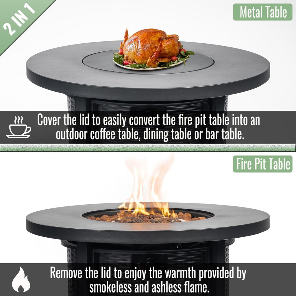 30" Round Propane Fire Pit Table, 50000 BTU Outdoor Gas Heater with Steel Top & Wicker Base, Deck, Garden, Black