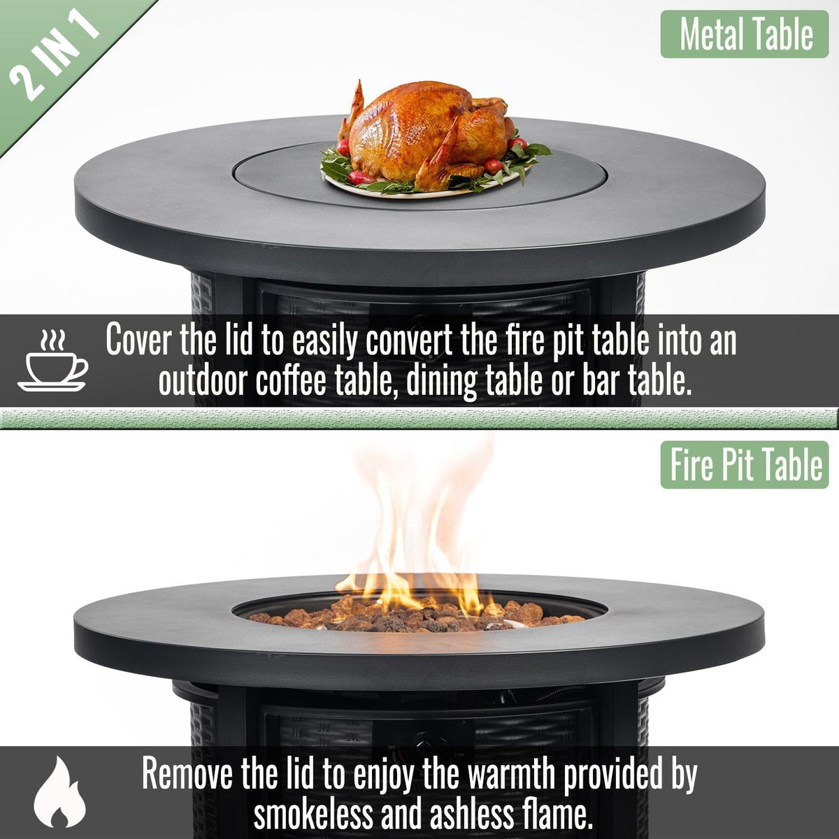 30" Round Propane Fire Pit Table, 50000 BTU Outdoor Gas Heater with Steel Top & Wicker Base, Deck, Garden, Black