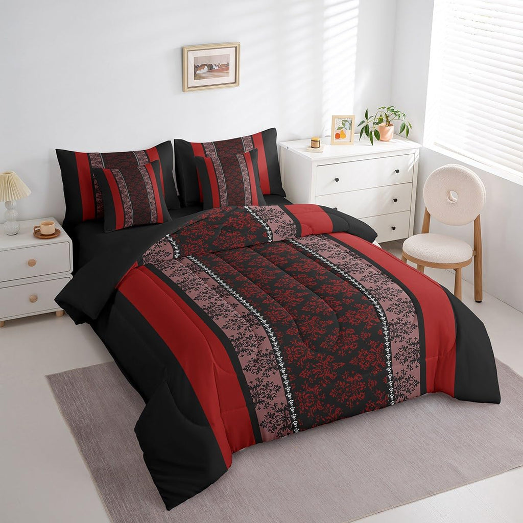 Adult Classic Jacquard 7 Piece Bedding Set Twin Size Damask Pattern Comforter Set with Sheets for Boys Girls Black
