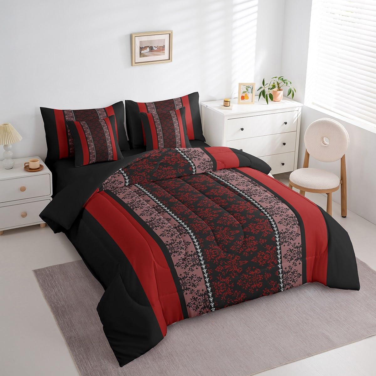 Adult Classic Jacquard 7 Piece Bedding Set Twin Size Damask Pattern Comforter Set with Sheets for Boys Girls Black