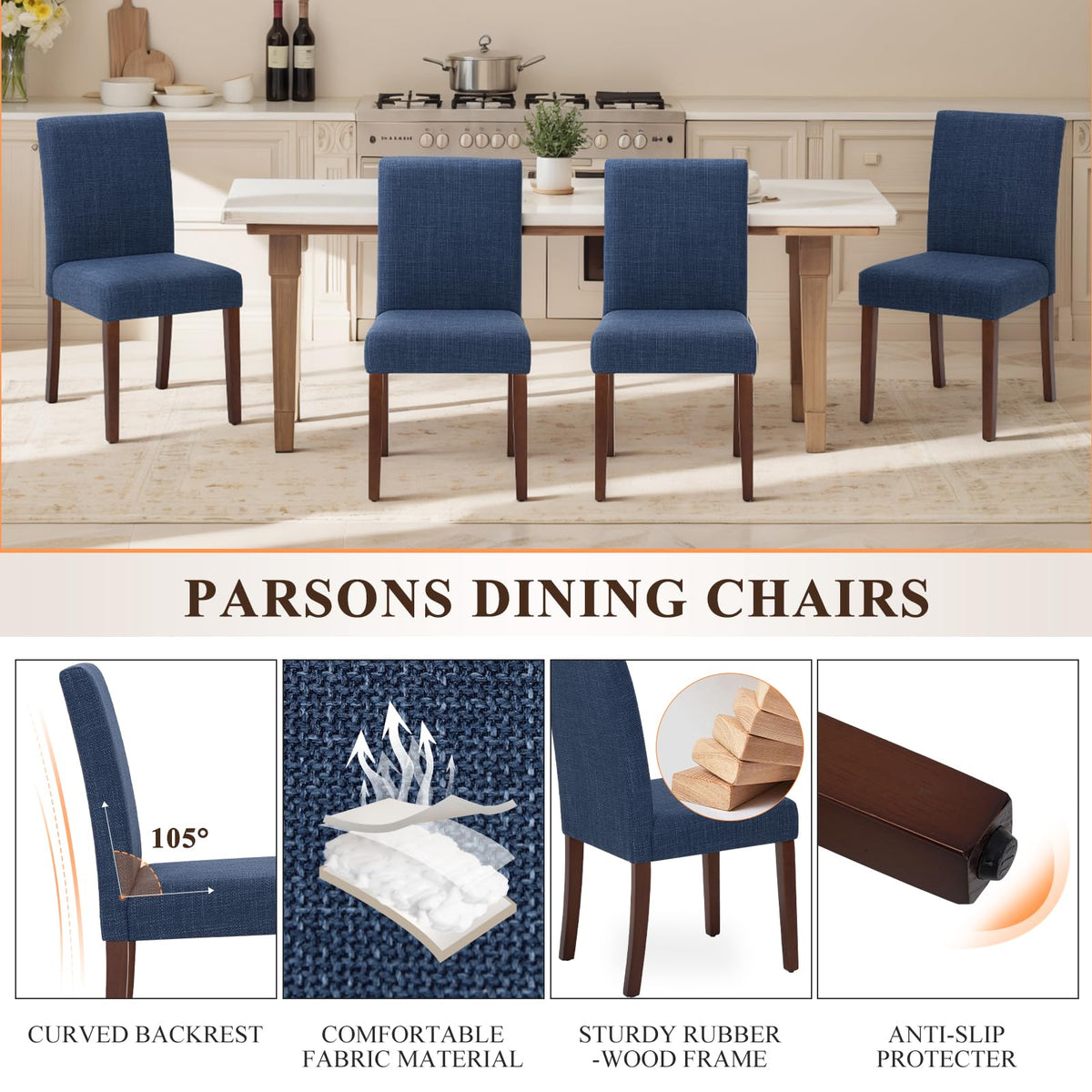 Upholstered Parsons Set of 2, Modern Dining Room Chairs with Back, Fabric Kitchen Side Chairs with Wood Legs for