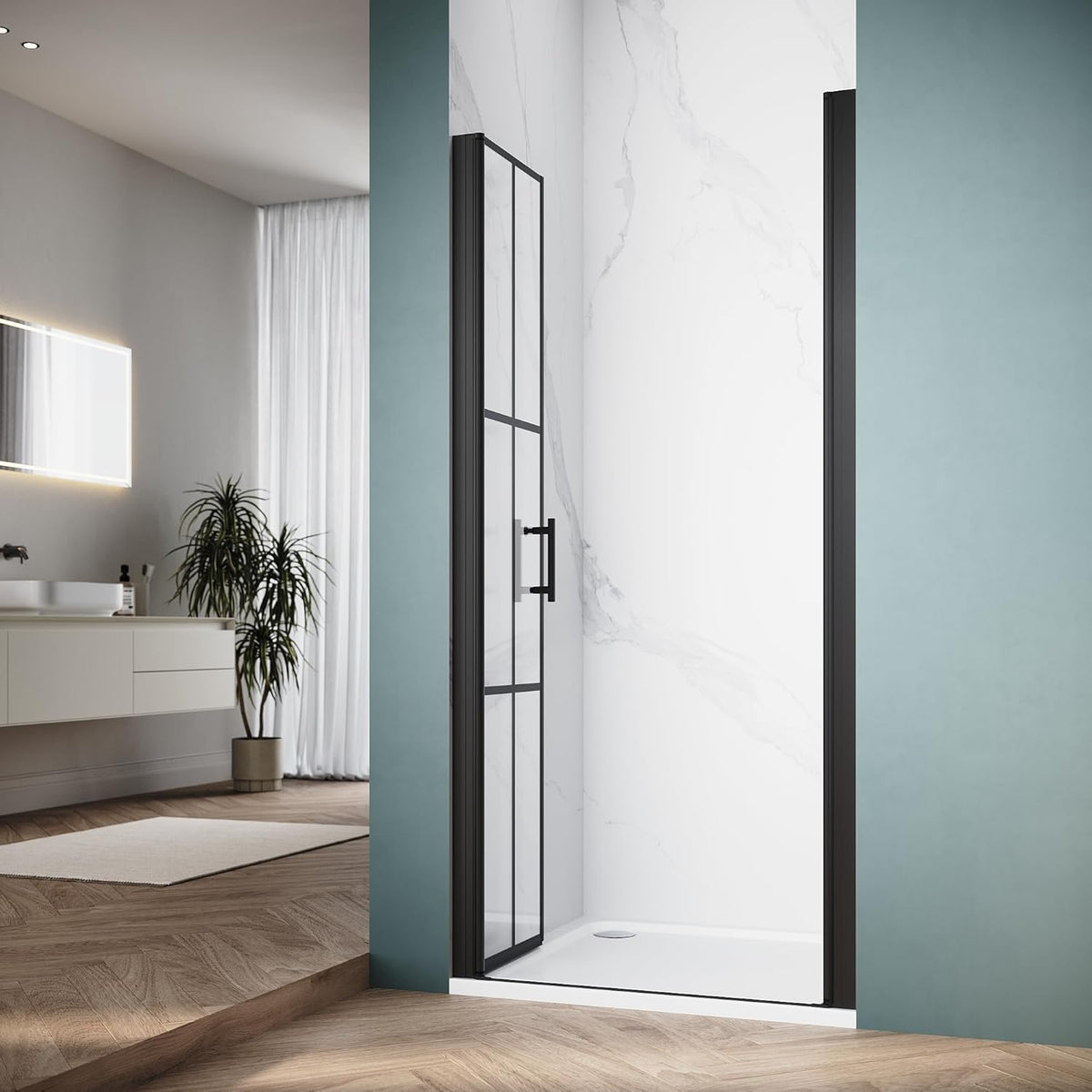 Double Pivot Shower Door 36" W x 75" H, Black Grid Shower Glass Door, 1/4" Tempered Glass, Semi-Frameless Shower Door