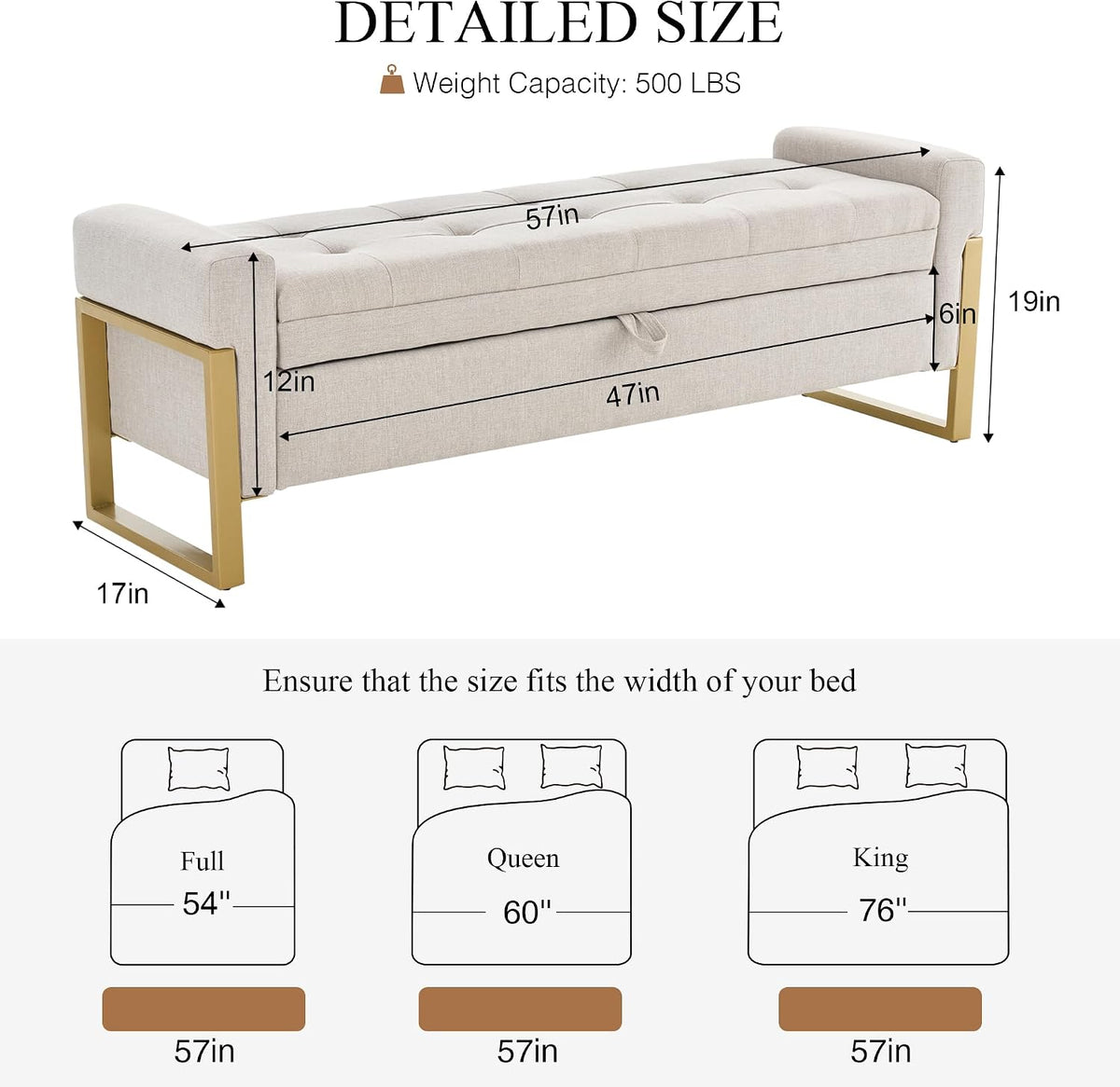 57" Storage Ottoman Bench, Upholstered End of Bed Bench, Beige | Metal Legs & Button-Tufted, Linen Ottoman with
