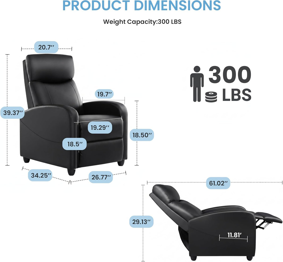 Recliner Chair - Adjustable Push Back PU Leather Recliner, Plush Reading Chair & Luxe Sofa Chair Chairs or Bedroom