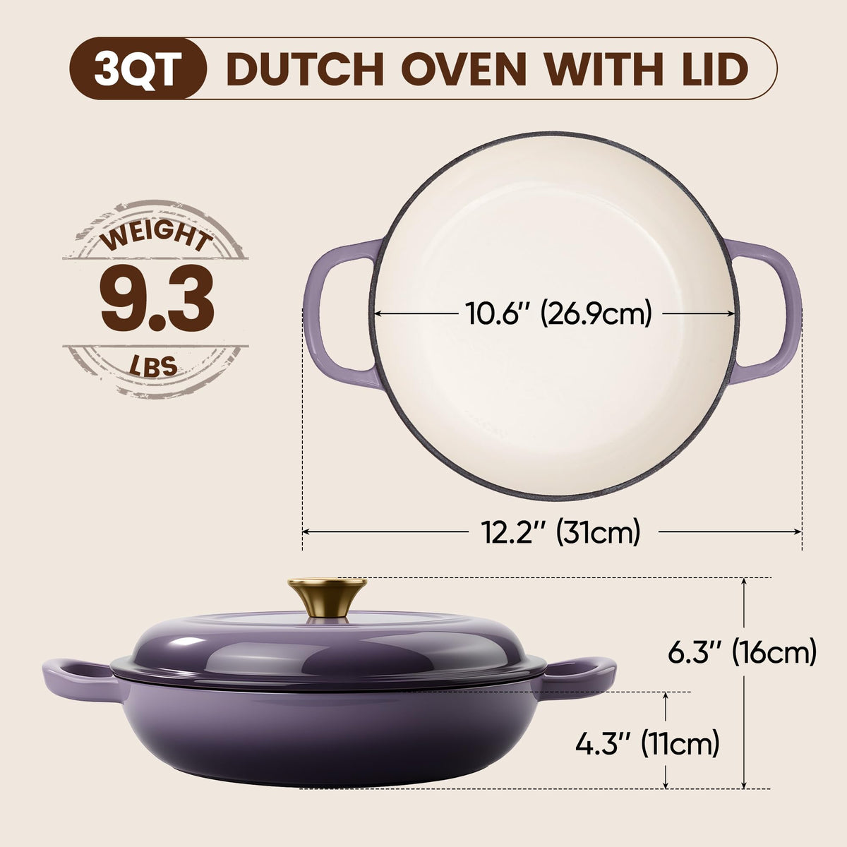 Vintage Style 3 Quart Enameled Cast Iron Braiser, Non Stick Enameled Cast Iron Skillet with Lid, Dutch Oven Skillet