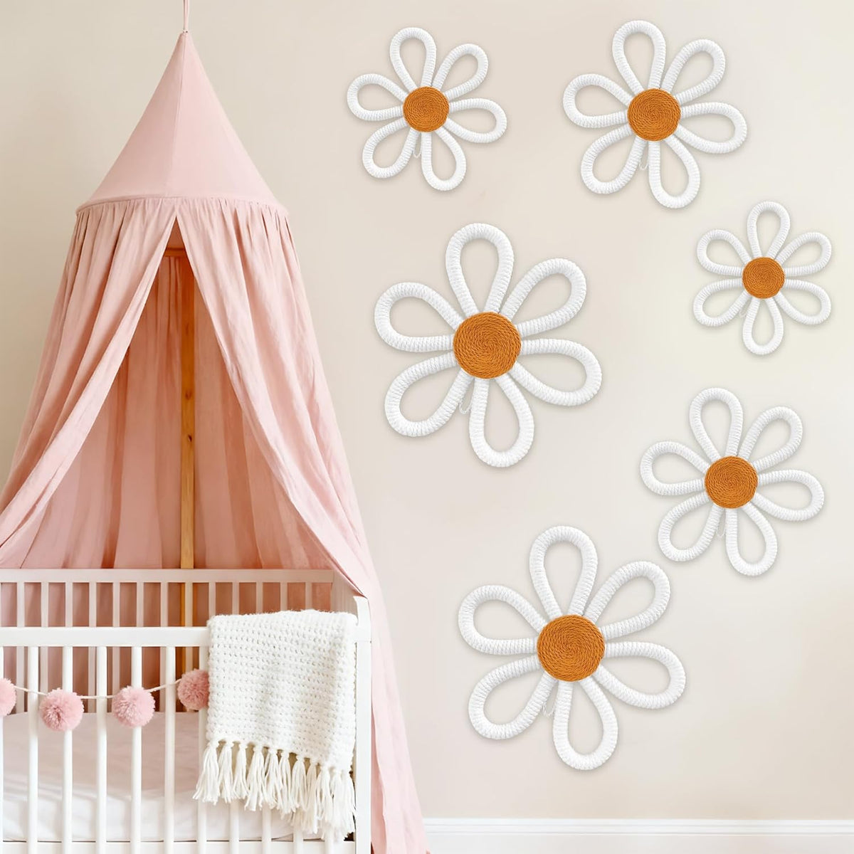 6 Pcs Boho Nursery Decor,Woven Macrame Daisy Flower Wall Hanging in 3 Sizes,Floral Wall Art for Bohemian Bedroom
