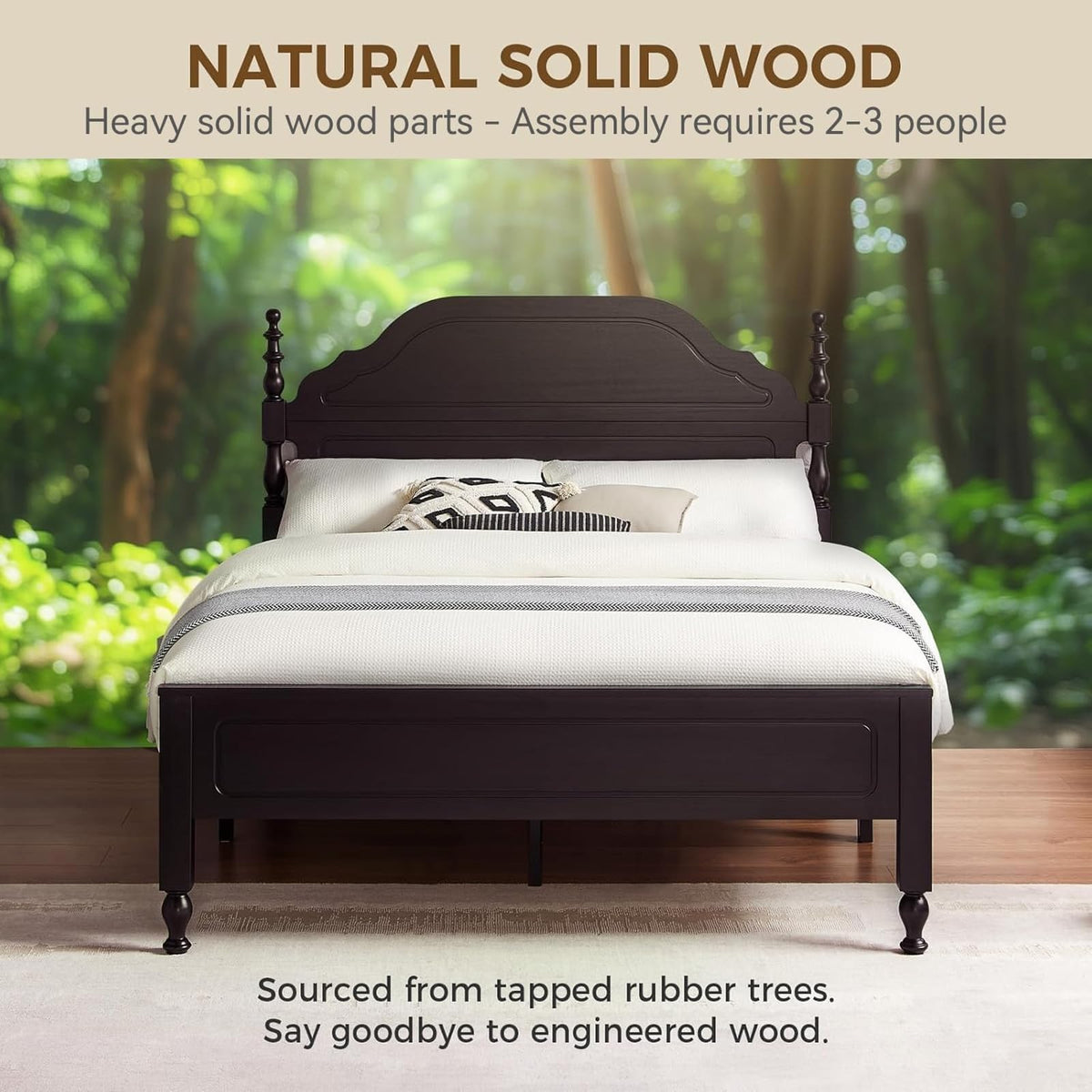 Wood Bed Frame with Wooden 50" Tall Headboard, Heavy Duty Solid Wood Slats Support, Rubber Wood Platform