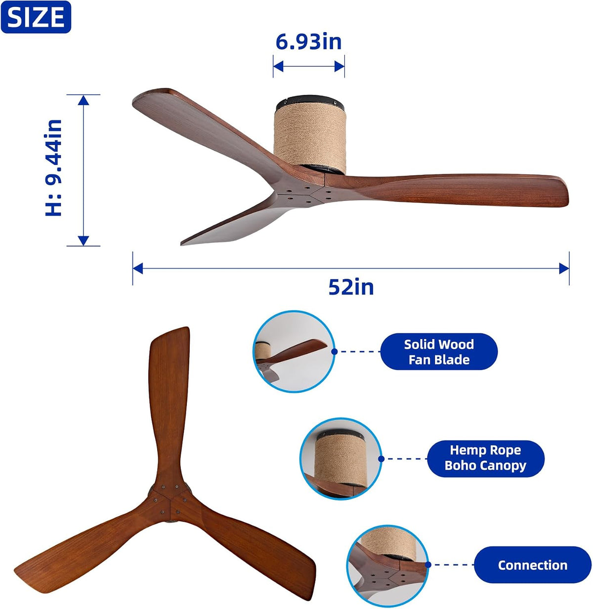 52" Wood Flush Mount Ceiling Fan with Remote, No Light