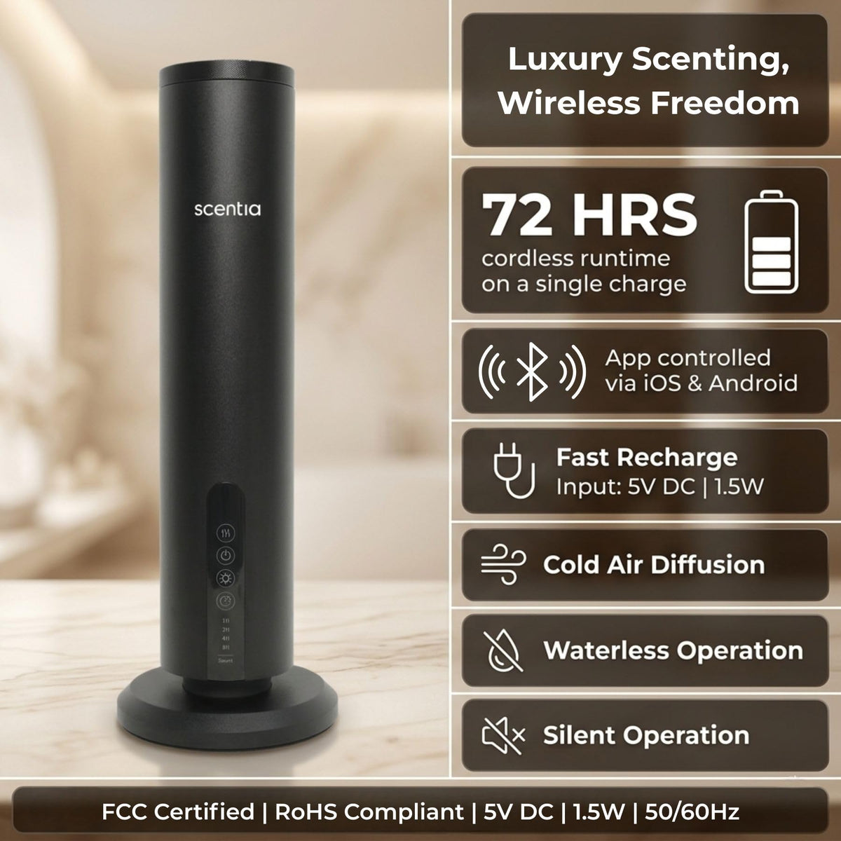 Wireless Waterless Scent Diffuser, App Control, 1500 Sq. Ft Black