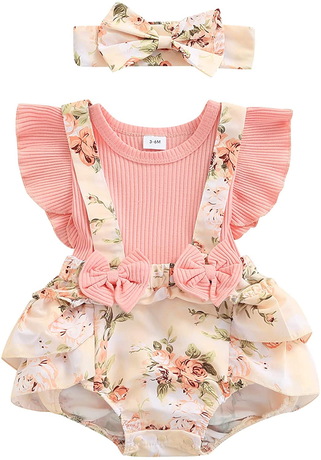 Baby Girl Floral Romper Newborn Dress Ruffle Bodysuit Suspender Shorts Jumpsuit Cute Summer Clothes and Headband