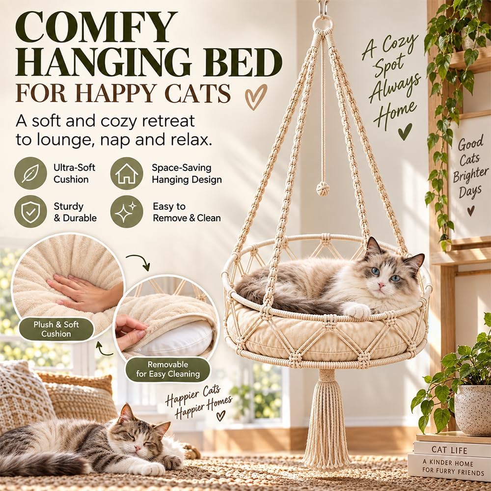 Boho Hanging Cat Bed, Macrame Cat Hammock Basket with Cushion Hook.