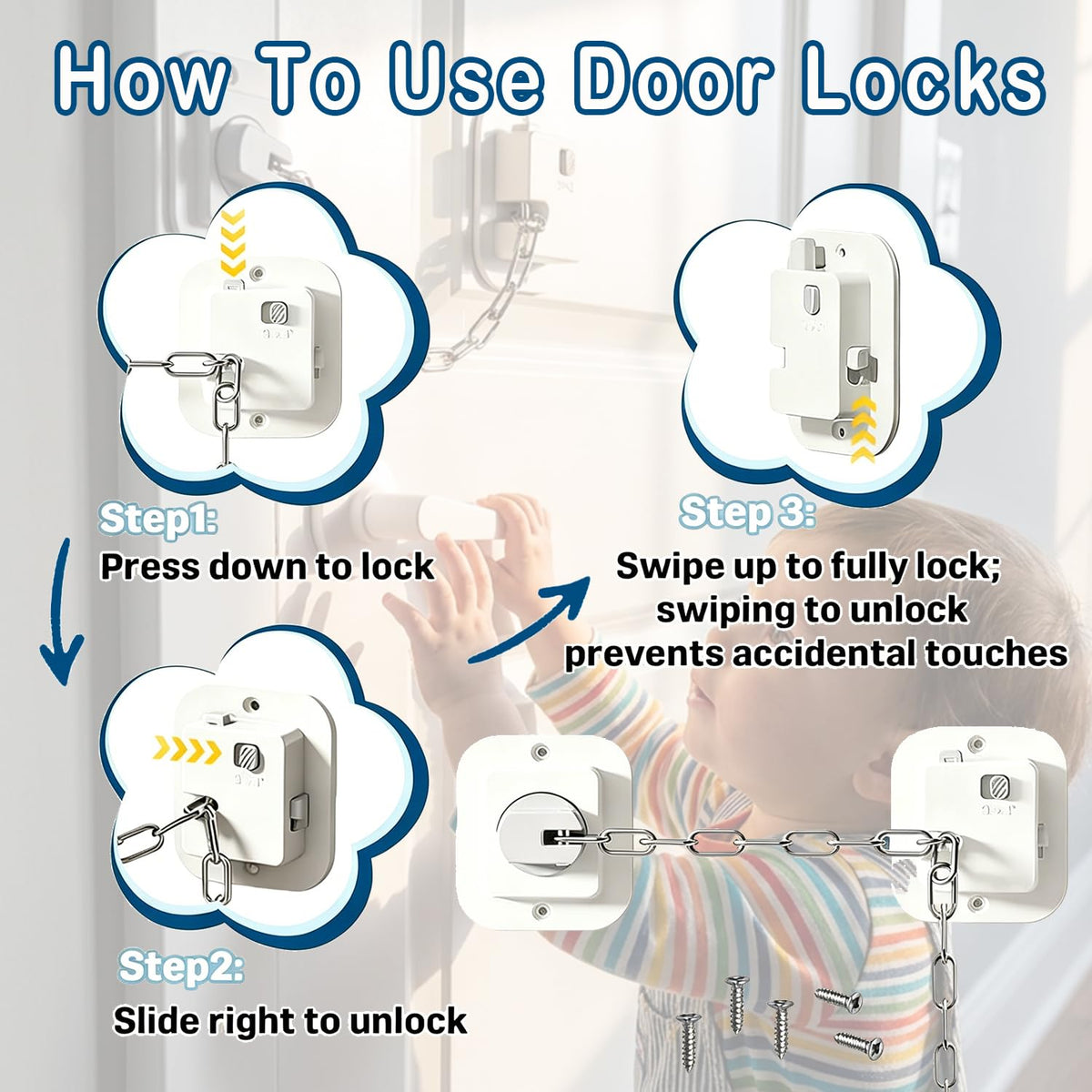 Kids Safety Child Proof Door Lock 9" Adjustable Latch 2 Pack White