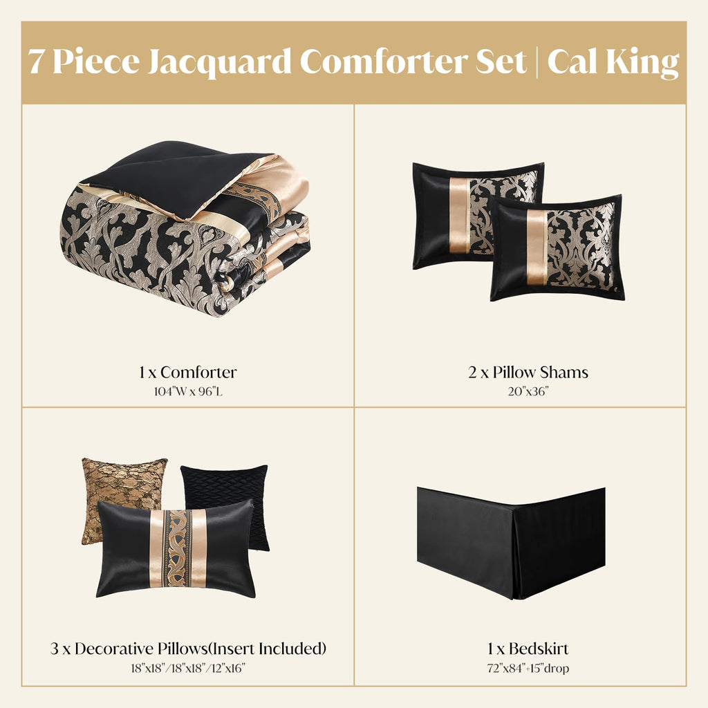 Black Gold Jacquard Comforter Set, 7PCS Bed in a Bag