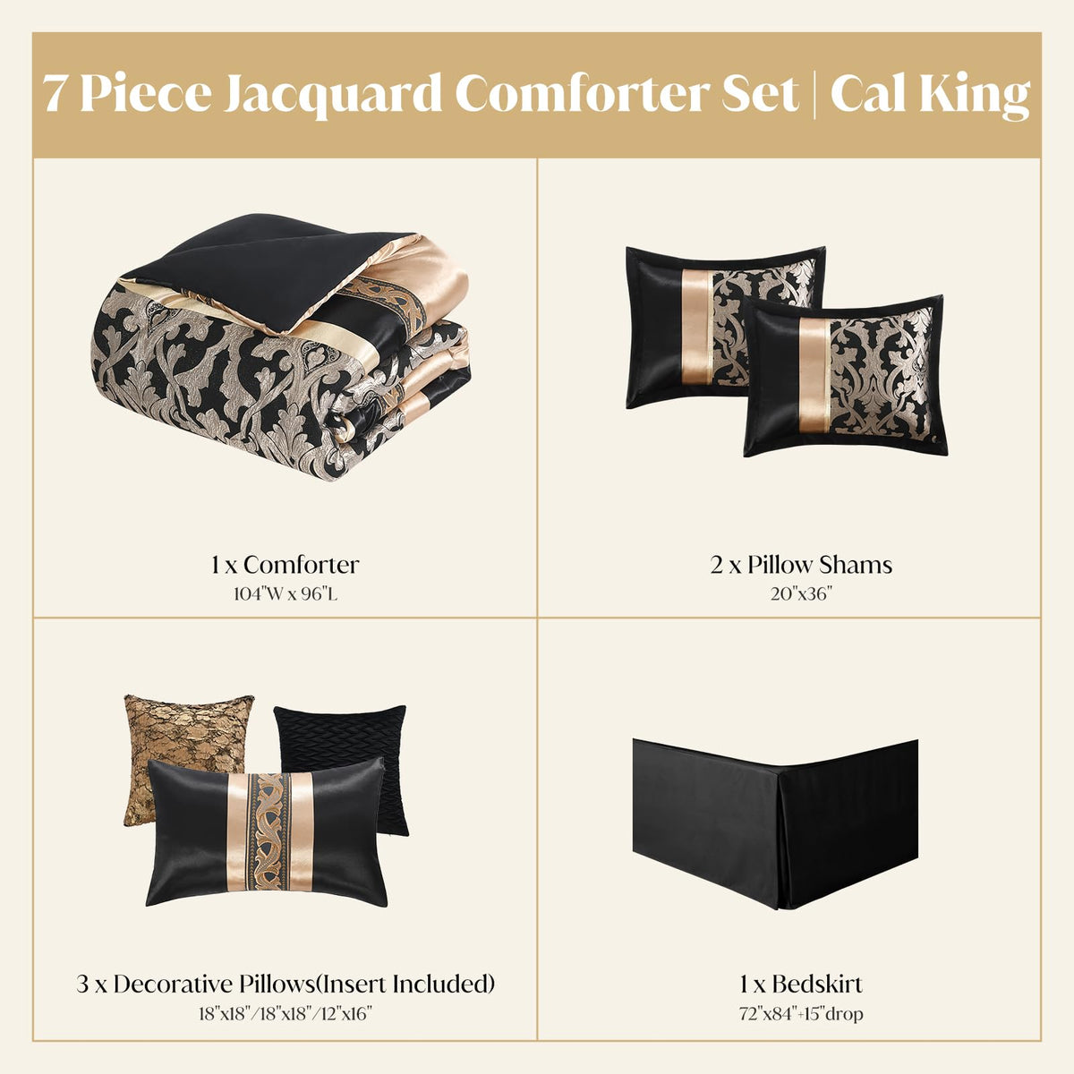 Black Gold Jacquard Comforter Set, 7PCS Bed in a Bag