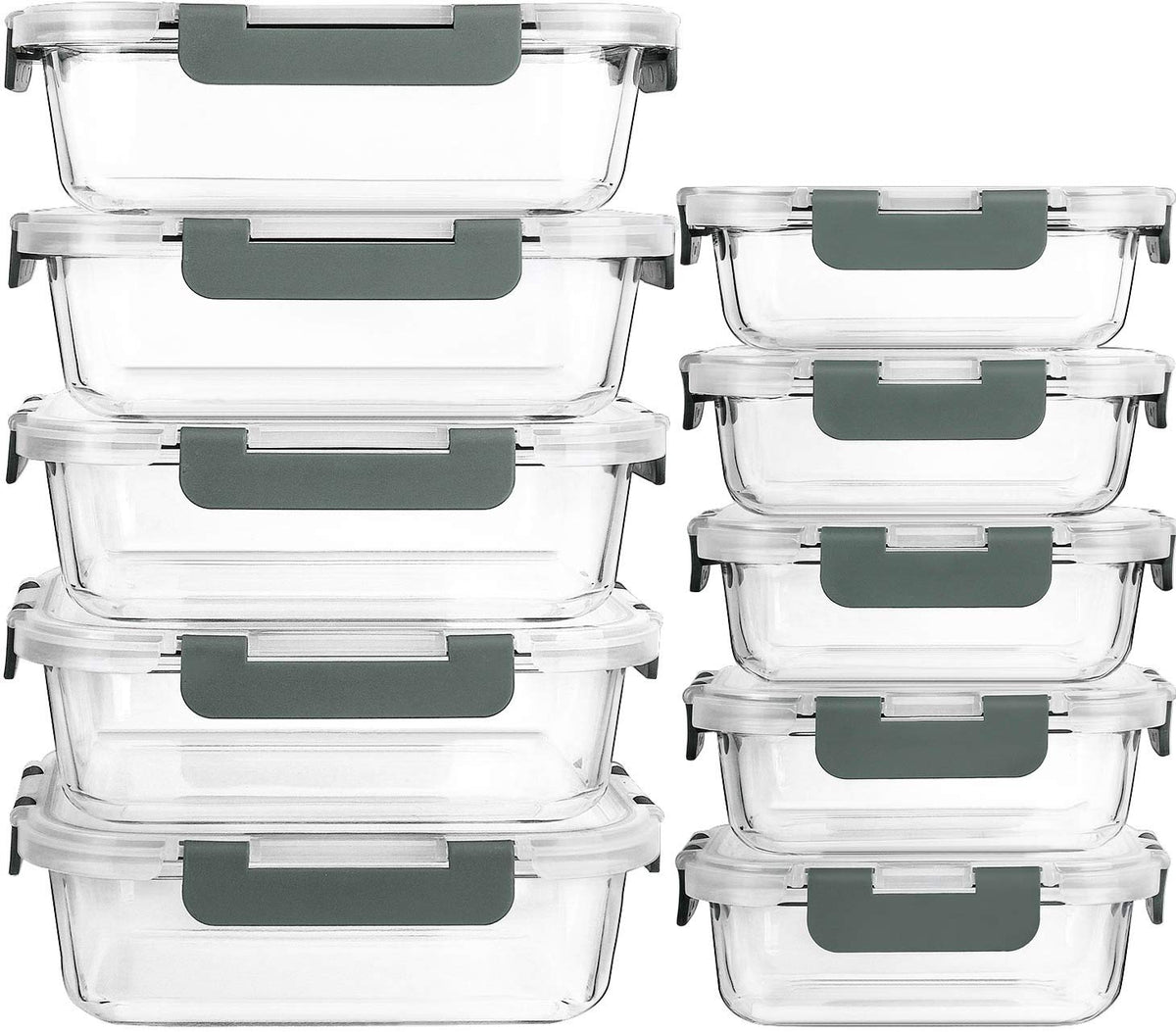 10 Pack Glass Food Storage Containers with Lids, Gray
