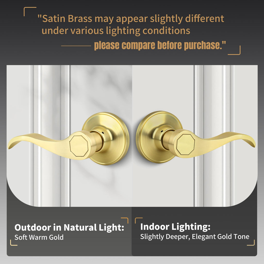Brushed Gold Wave Style Passage Door Handle Without Keys, Non-Locking Door Lever /Closet in Satin Brass Finish, No