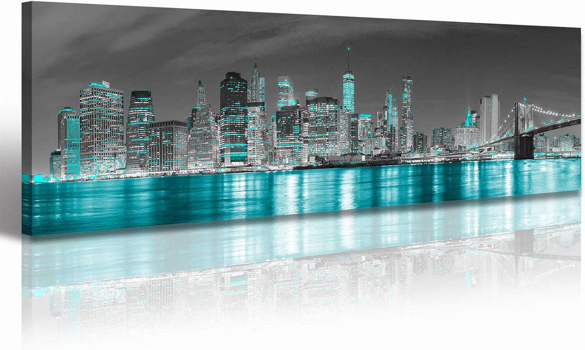 New York Skyline City Wall Art Framed Black and White Turquoise Bedroom Decor Pictures Canvas Prints Manhattan