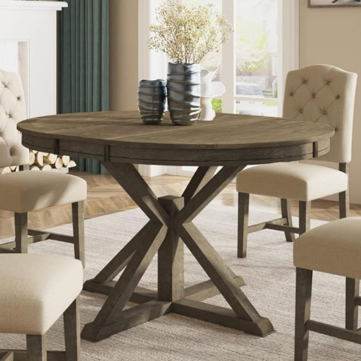 54" Round Extendable Dining Table for 4-6, Mid Century Modern Wood Table for Kitchen, Restaurant, Cafe, Natural