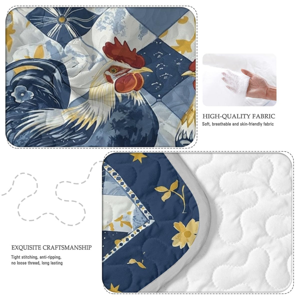 Farmhouse Rooster Quilt Set, Navy Blue and Yellow Patchwork Country Bedding