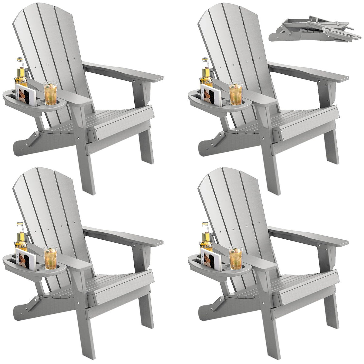 Folding Adirondack Chair Set of 4 with 4-in-1 Cup Holder, Fire Pit Chair