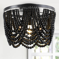 Black Boho Chandelier, Wood Beaded Chandelier Light Fixture, 12.6 inch Bohemia Draped Bead Flush Mount/Semi Flush