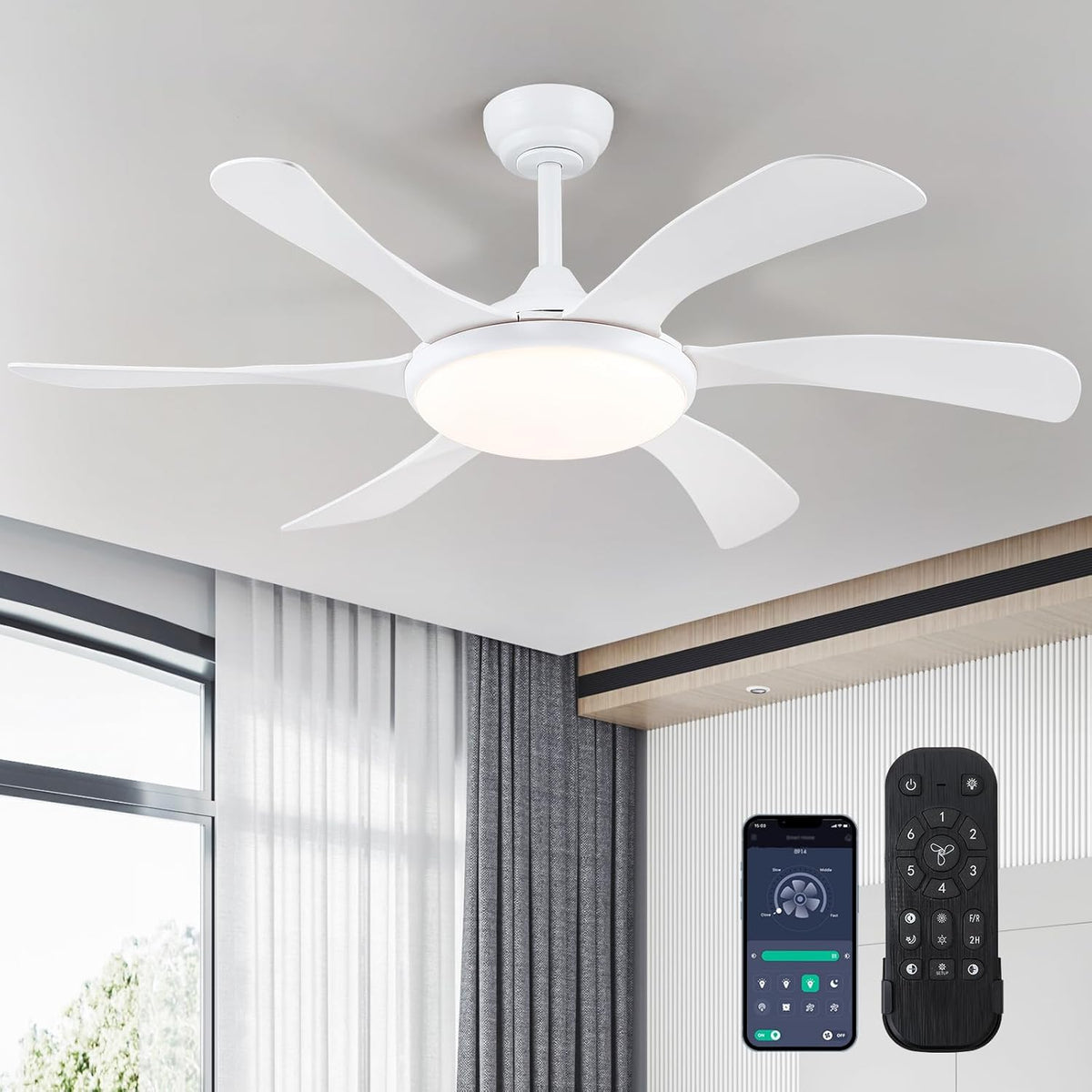 46" White Indoor/Outdoor Flush Mount Ceiling Fan with Light & Remote
