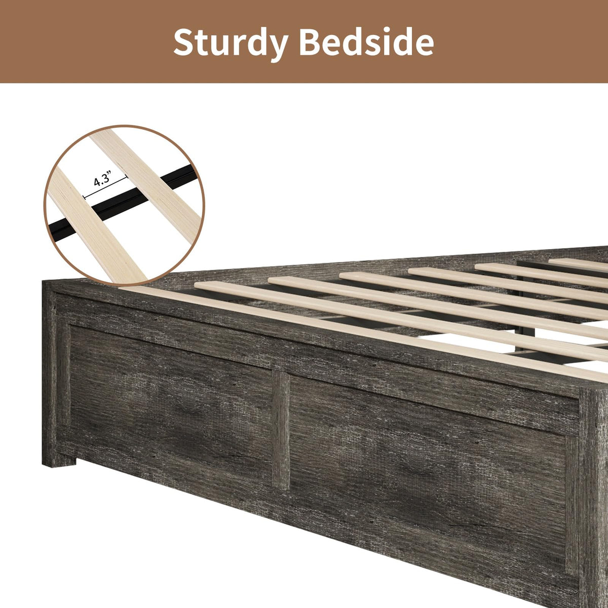 Farmhouse Wooden Bed Frame with 49.2" Headboard, Grey
