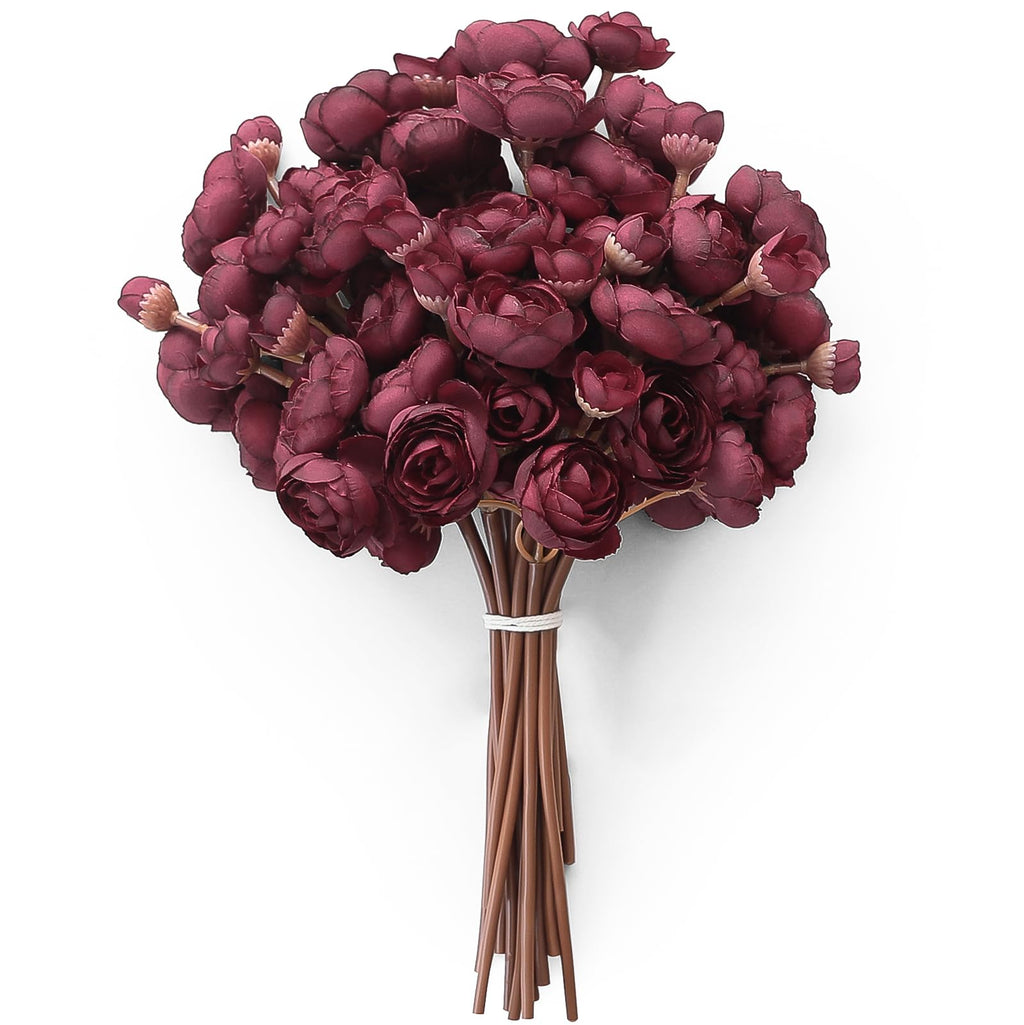 Ranunculus Artificial Flowers 18 Pcs Burgundy Faux Silk Mini Ranunculus Bulk Fake Wedding Filler Flowers for DIY Red