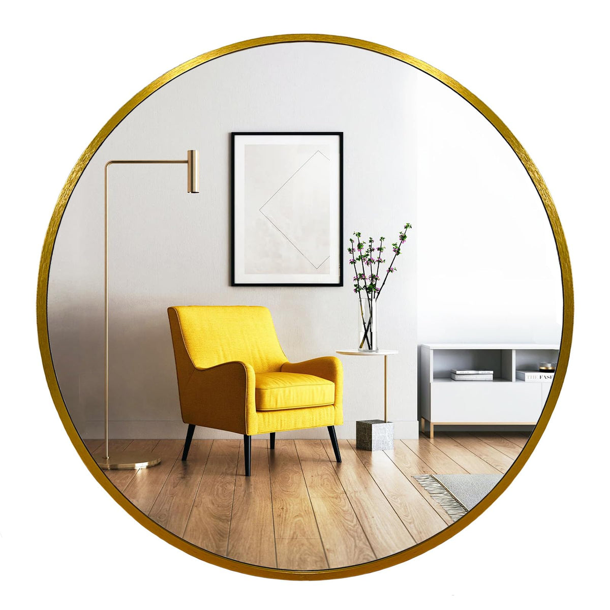 Round Mirror, 24 inch Glold Circle Mirror, Bruhsed Gold Metal Frame