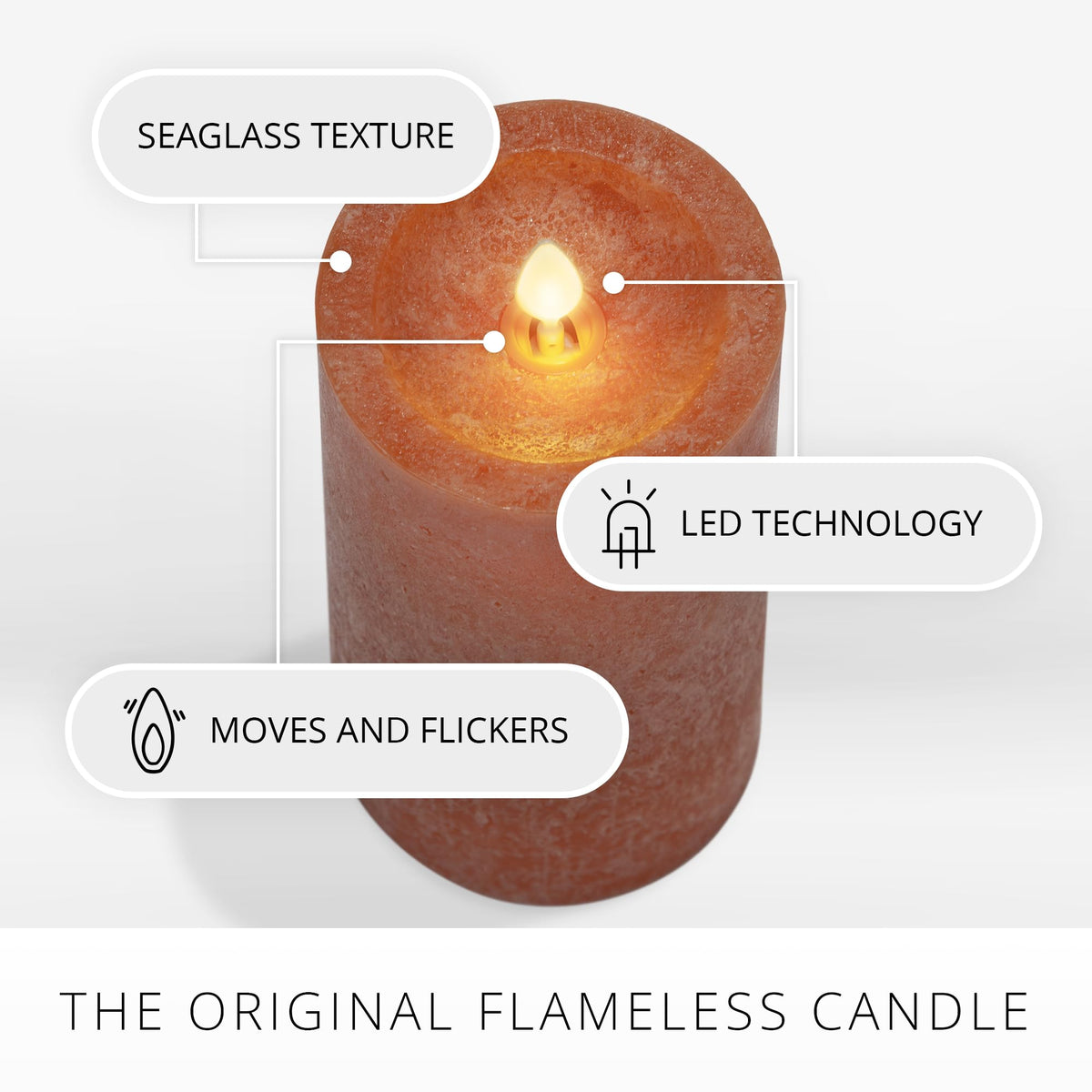 Sea Glass Flameless Candle, Harvest Pumpkin 3" x 6.5", Moving LED Flame Pillar with Timer, Battery Operated, Real