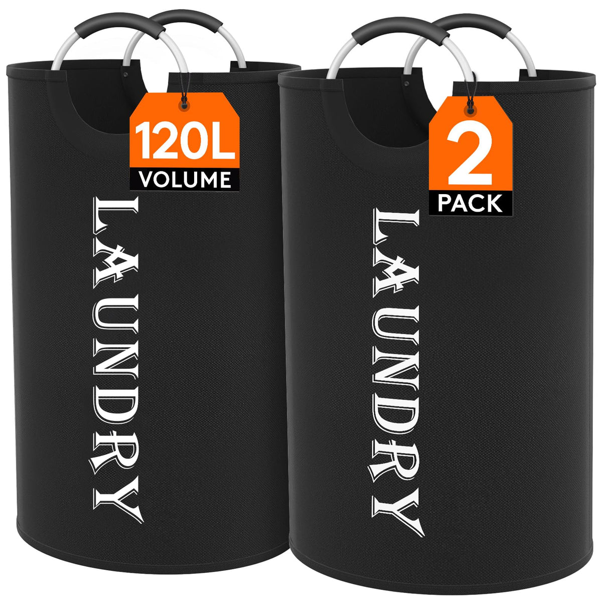 120L 2-Pack Large Laundry Basket, Collapsible Laundry Hamper with Aluminum Handles, Waterproof Freestanding Dirty