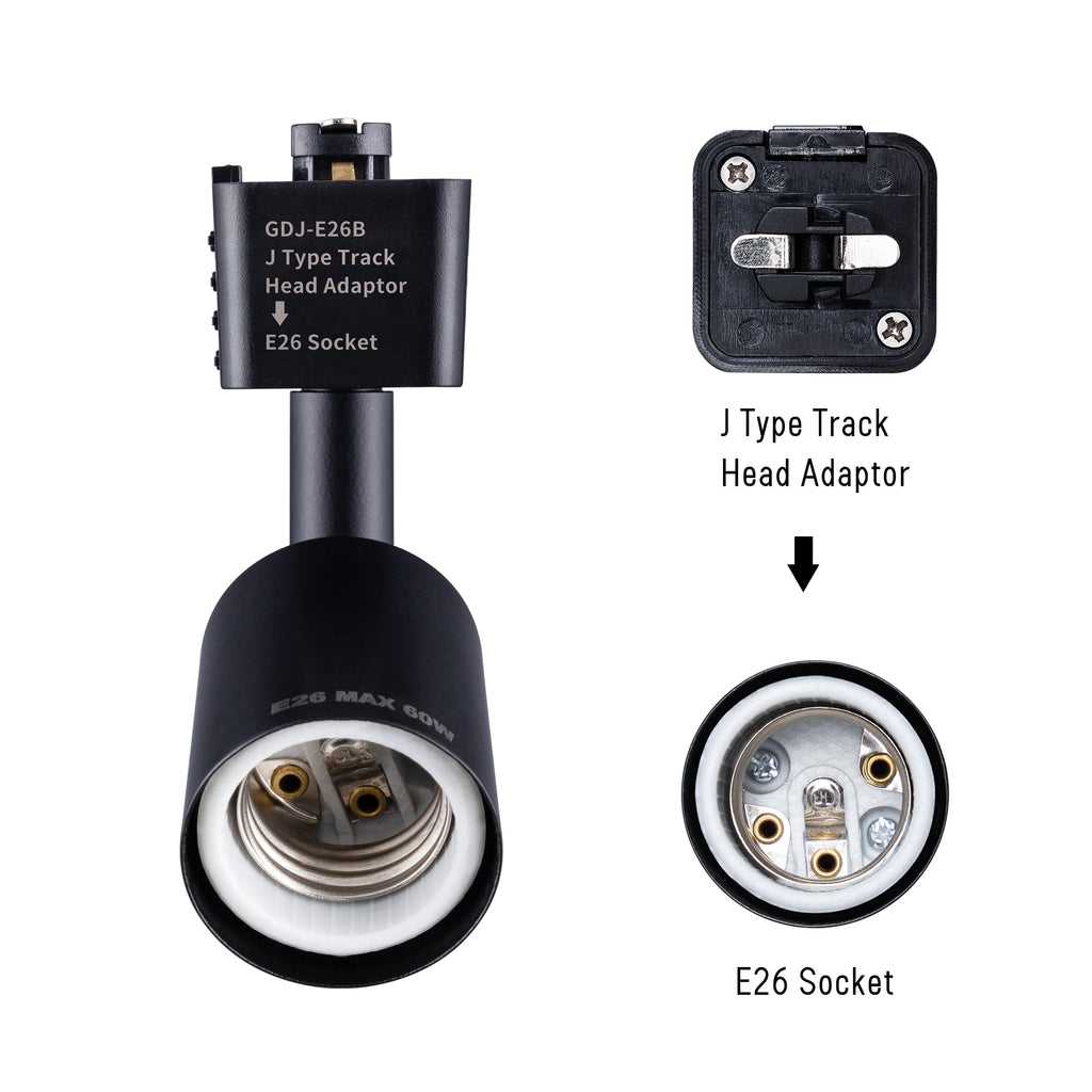 J Type Track Lighting Head to E26 Medium Screw Base Adapter Light Direction Adjustable Pack of 12 (Black)