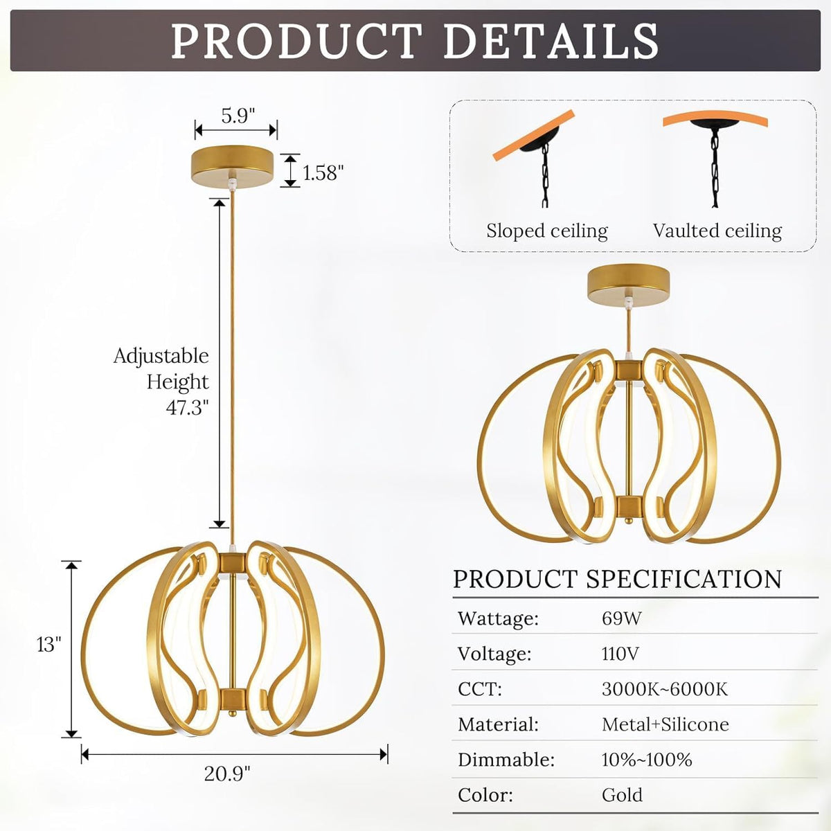 Modern Gold Chandelier with Remote Control, 69W 3-Color Temperature Dimmable LED Chandelier for Dining Room, Hanging
