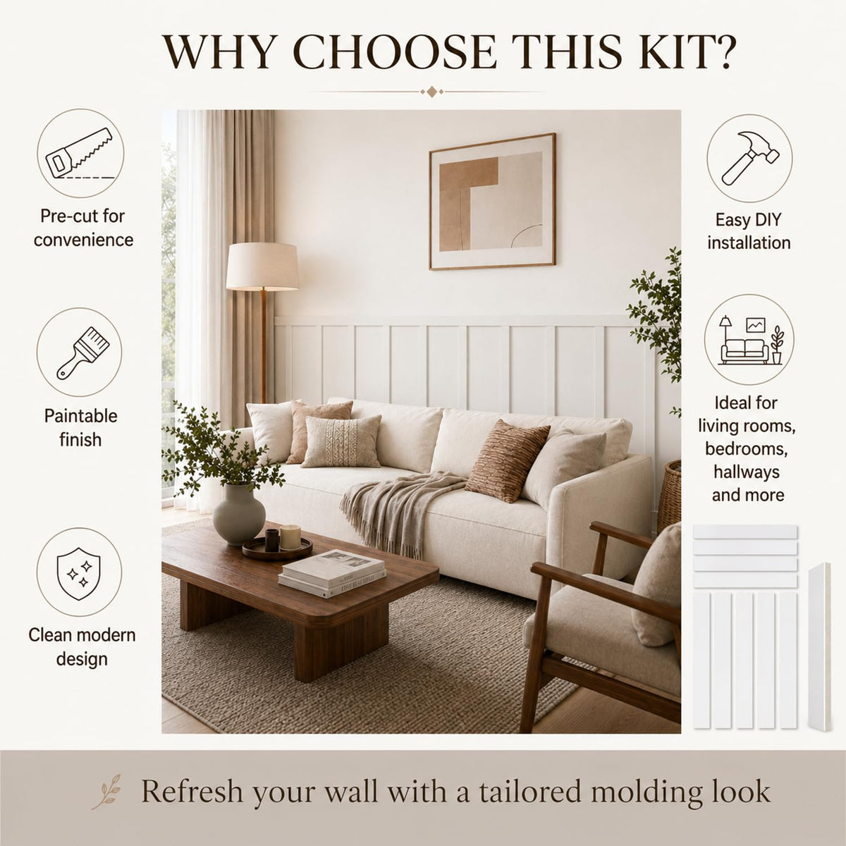 1 Set MDF Premade Board and Batten Wainscoting Kit 94.5 x 38.6 Inch