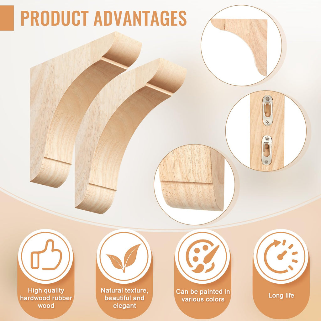 4 Pcs Wood Corbel Wooden Shelf Bracket, 8 x 8 x 1.75 Inches