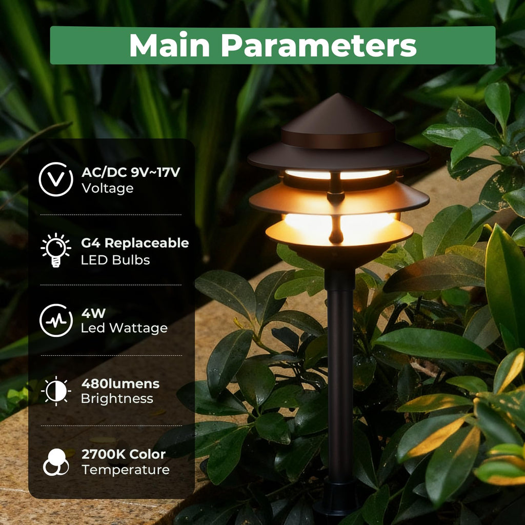 Pagoda Low Voltage Landscape Pathway Lights, 12V Outdoor LED Path Lights Wired, Aluminum Walkway Lighting with 4W