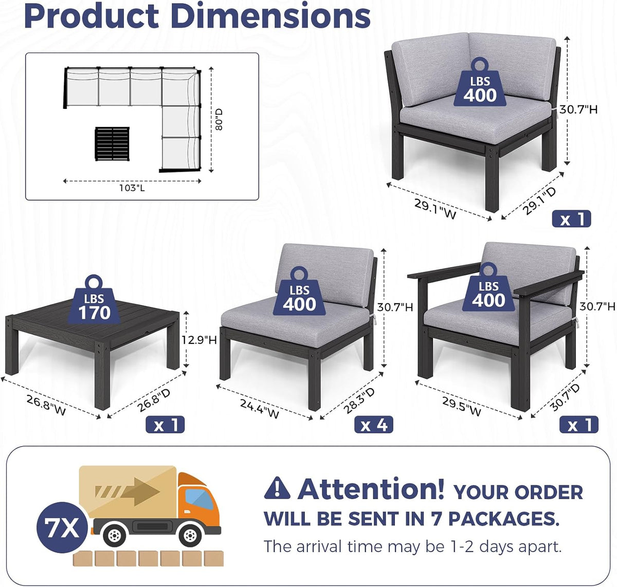Modular Outdoor Patio Conversation Set, 7-Piece L-Shaped Sectional Sofa Set with Coffee Tables & Thick Cushions, Easy