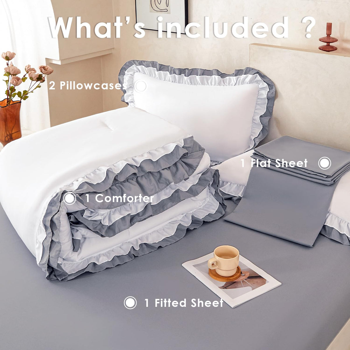 Ruffled Comforter Set White - Double Ruffle White Comforter 5 Piece Vintage Shabby Chic Bedding - Fluffy