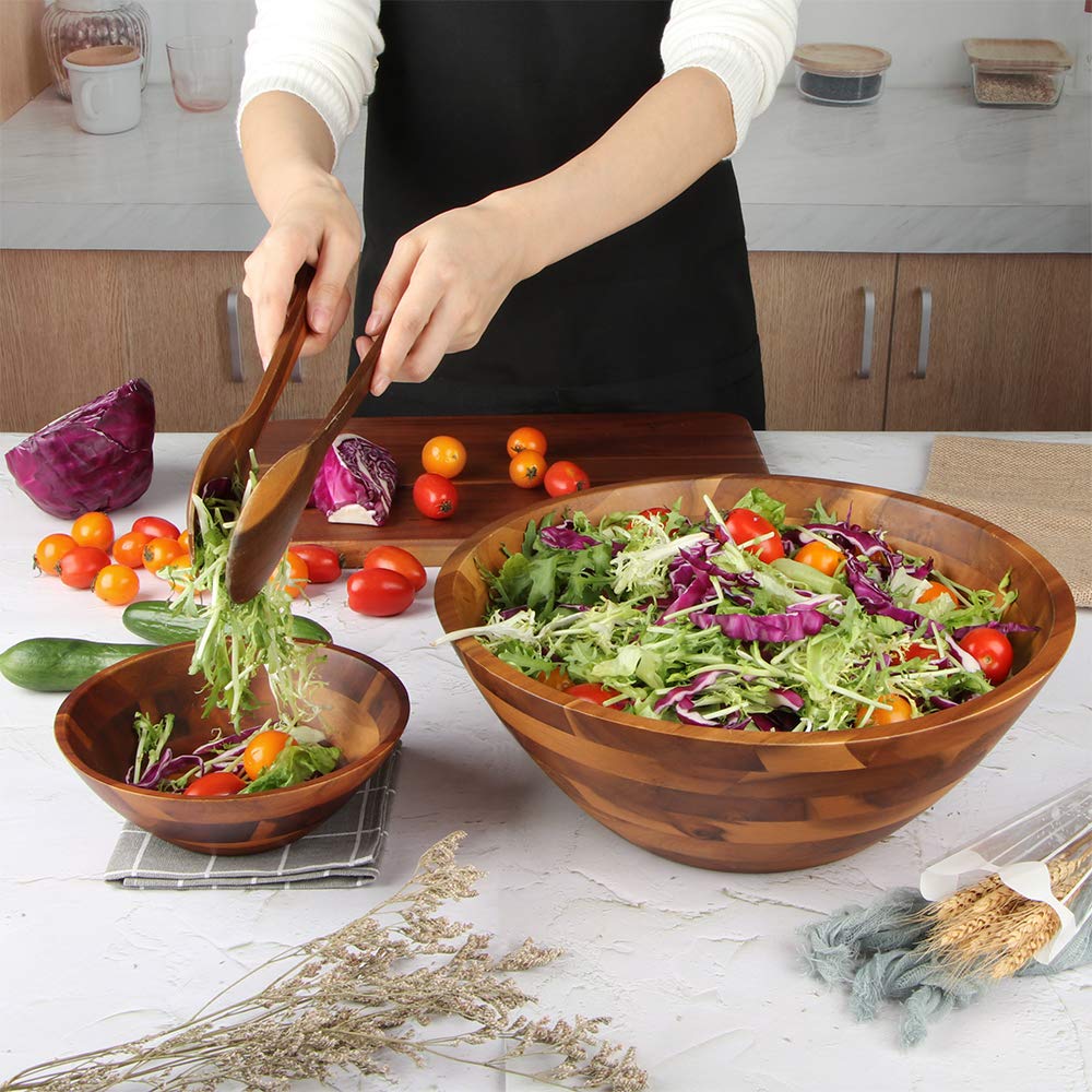 Salad Bowls, Wooden Salad Bowls Set, Large Acacia Wood Serving Bowl for Fruits, Salad, 12.5" Big Salad Bowl