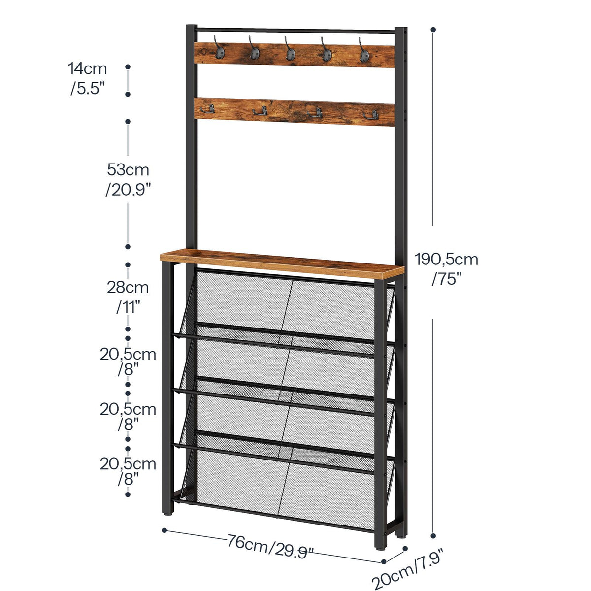 Hall Tree with Bench, Narrow Shoe Rack with Coat Rack, Coat Rack with Shoe Storage, 5 Tier Slanted Shoe Storage