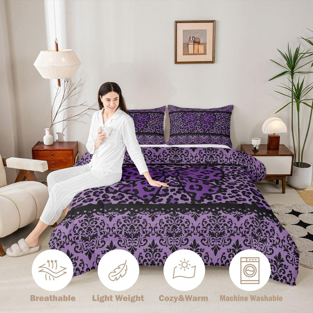Black Purple Leopard Damask Bowknot Print Adults Comforter Set Full Size Gothic Antique Victorian Baroque Bedding Set
