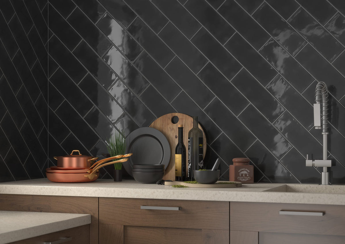 Urbano Ink 4 in. x 12 in. Glossy Bullnose Ceramic Subway Wall Tile, Backsplash, Shower, and Accent Wall
