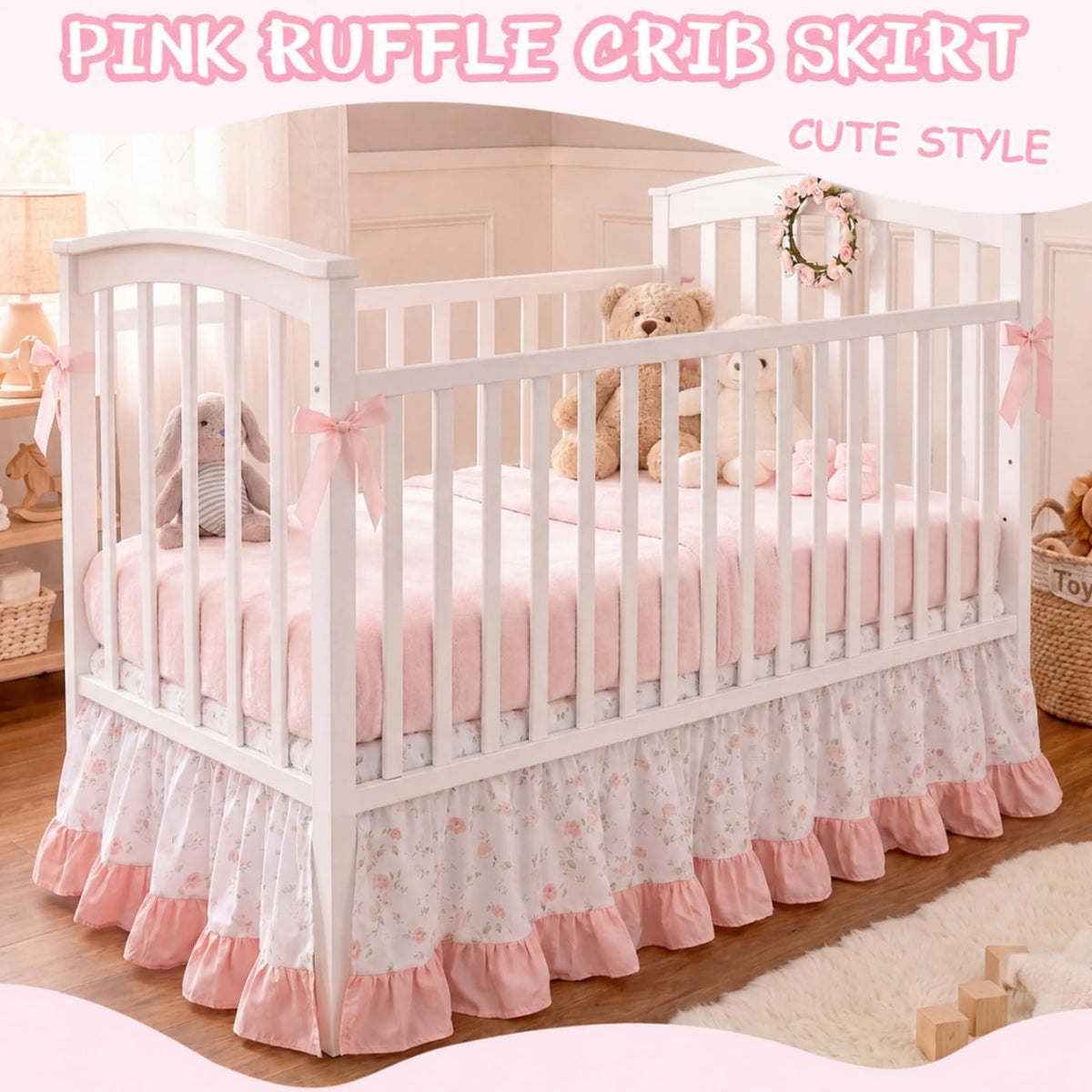 Pink Crib Skirt for Baby Girls Boys, 100% Washed Cotton Bed Skirt