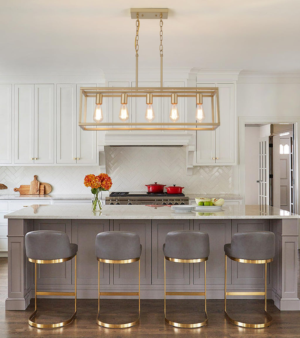 Gold Rectangle Kitchen Island Lights Rectangular Modern Industrial Chandelier 5 Lights Linear Vintage Cage Light
